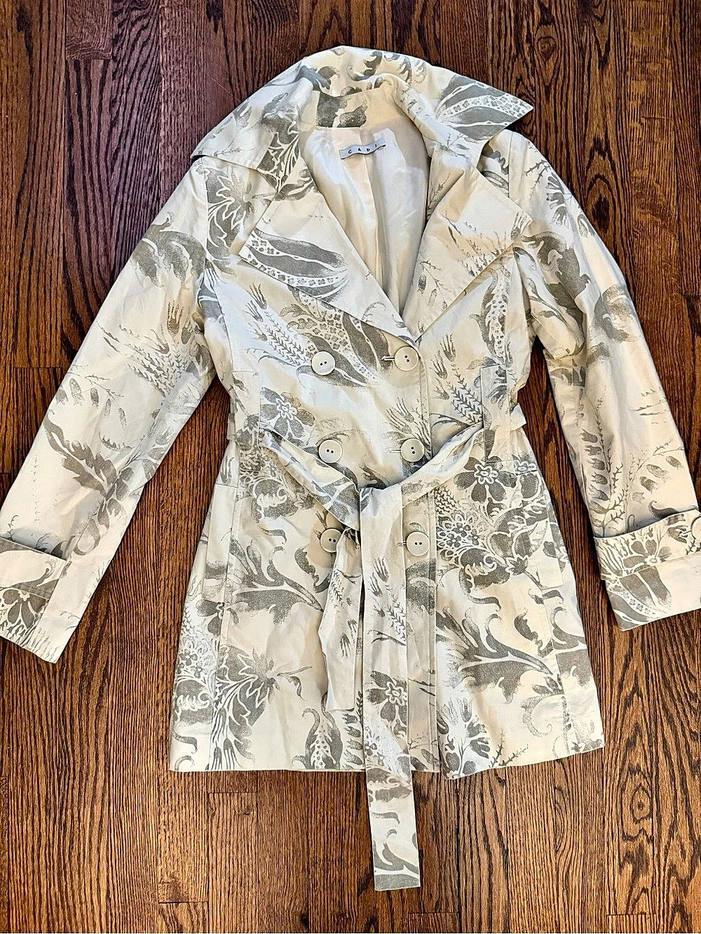 CAbi Floral Silk Trench Coat in Cream & Gray Size XS